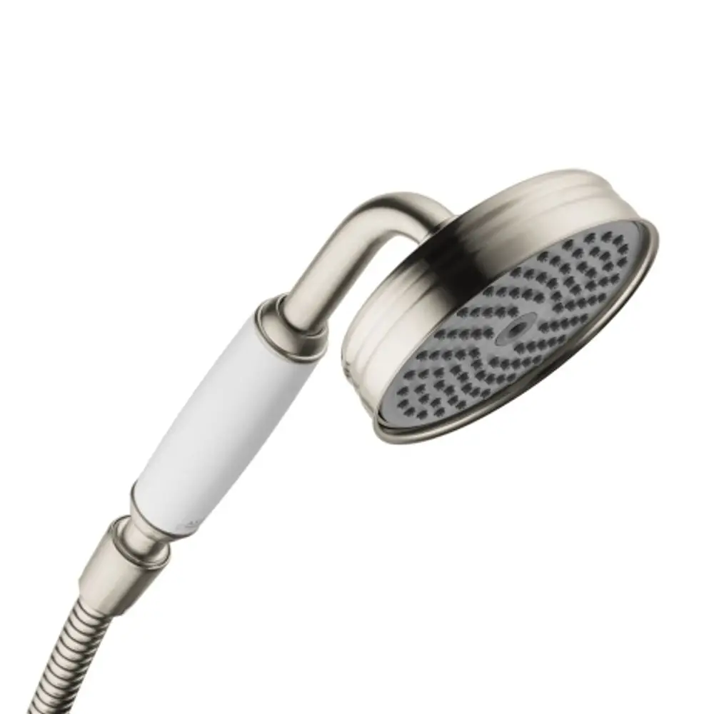 Handbrause mit runder Kopfpartie und mehreren Düsen, in gebürstetem Nickel-Finish. Hersteller ist AXOR. Flexibler Schlauchanschluss sichtbar.